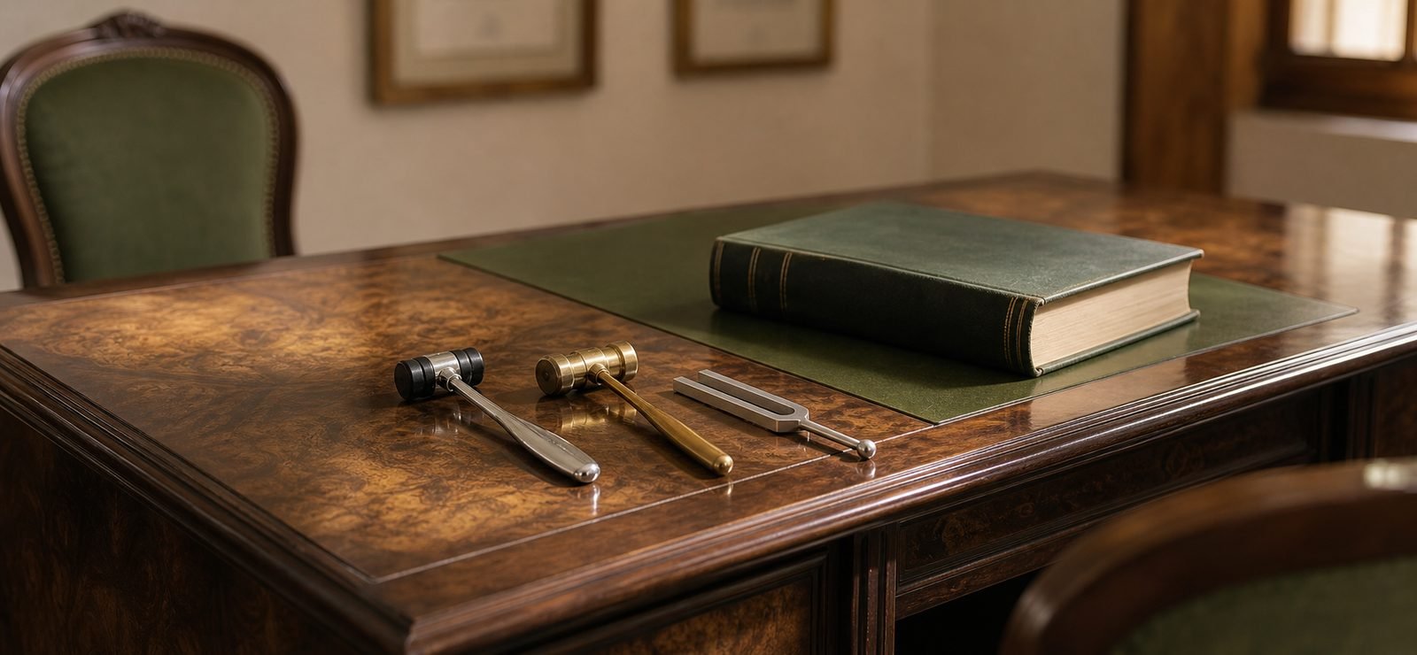Mesa de la consulta de neurología con martillo de reflejos y diapasón · Burriana