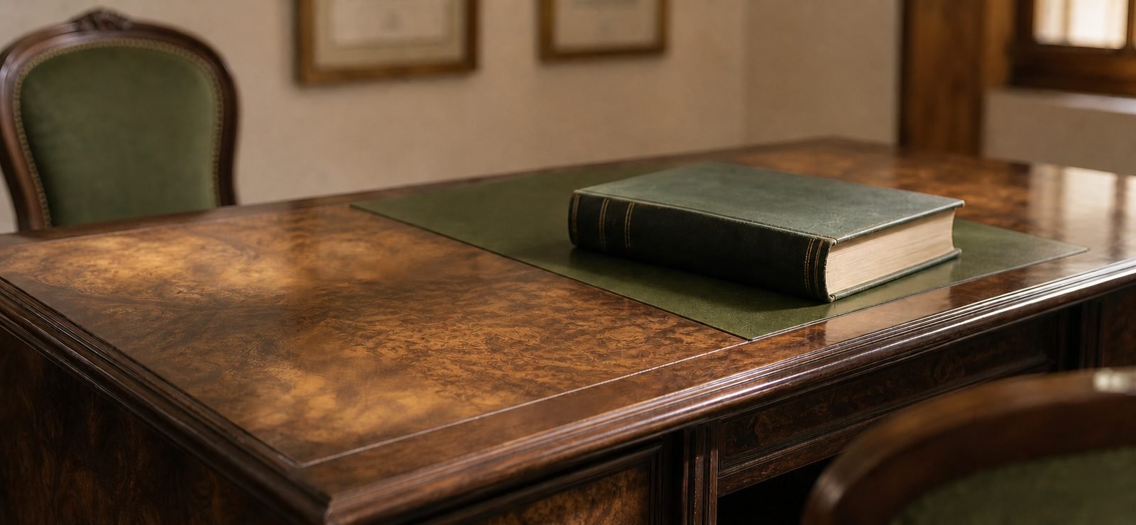 Mesa de despacho médico con un libro sobre el vade verde