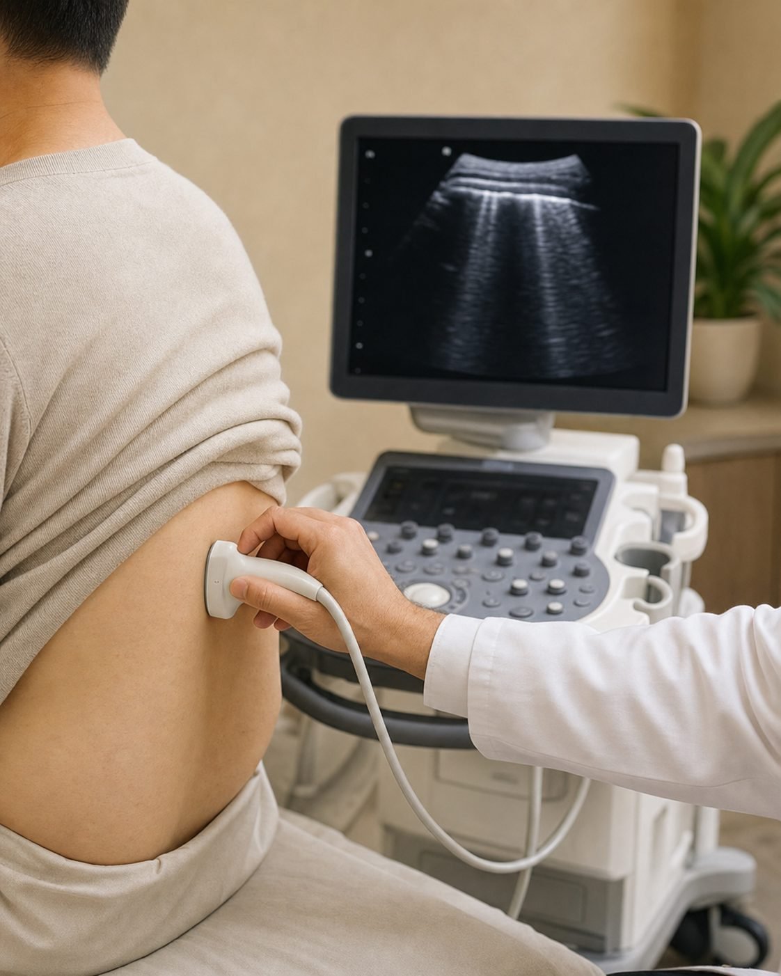 Médico realizando una ecografía torácica a un paciente con un ecógrafo