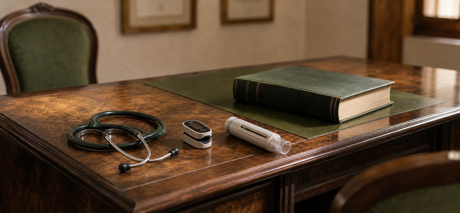 Mesa de la consulta con fonendoscopio, pulsioxímetro y material respiratorio