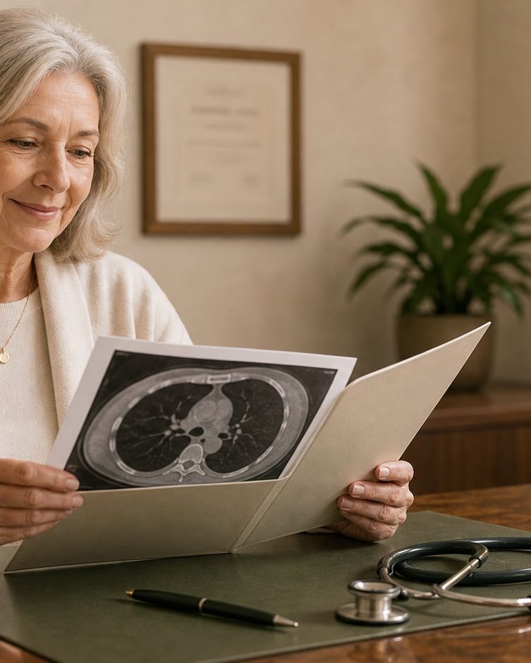 Paciente con nódulo pulmonar revisando pruebas con tranquilidad